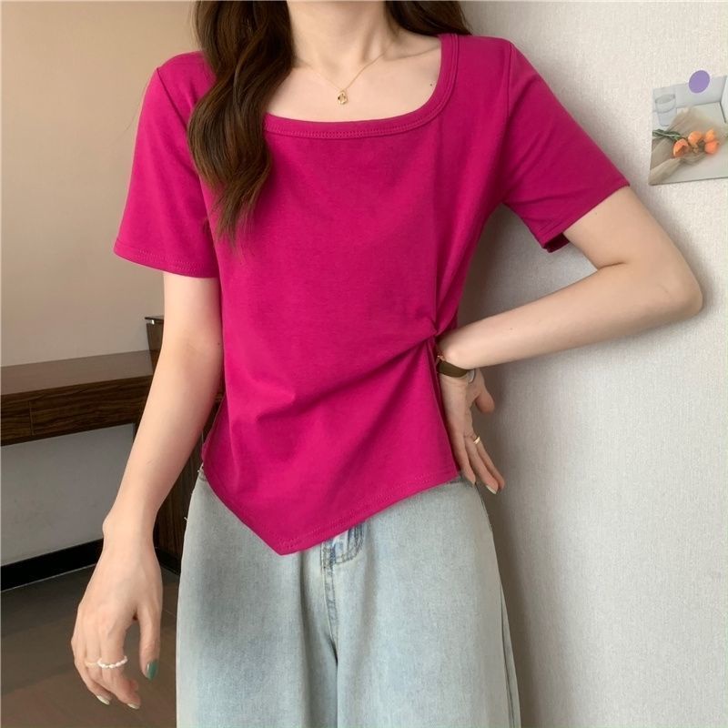 Áo Thun Ngắn Tay Cổ Vuông Thiết Kế Đơn Giản Phong Cách Hàn Quốc Thời Trang Mùa Hè Cho Nữ