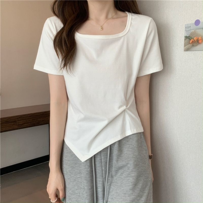 Áo Thun Ngắn Tay Cổ Vuông Thiết Kế Đơn Giản Phong Cách Hàn Quốc Thời Trang Mùa Hè Cho Nữ