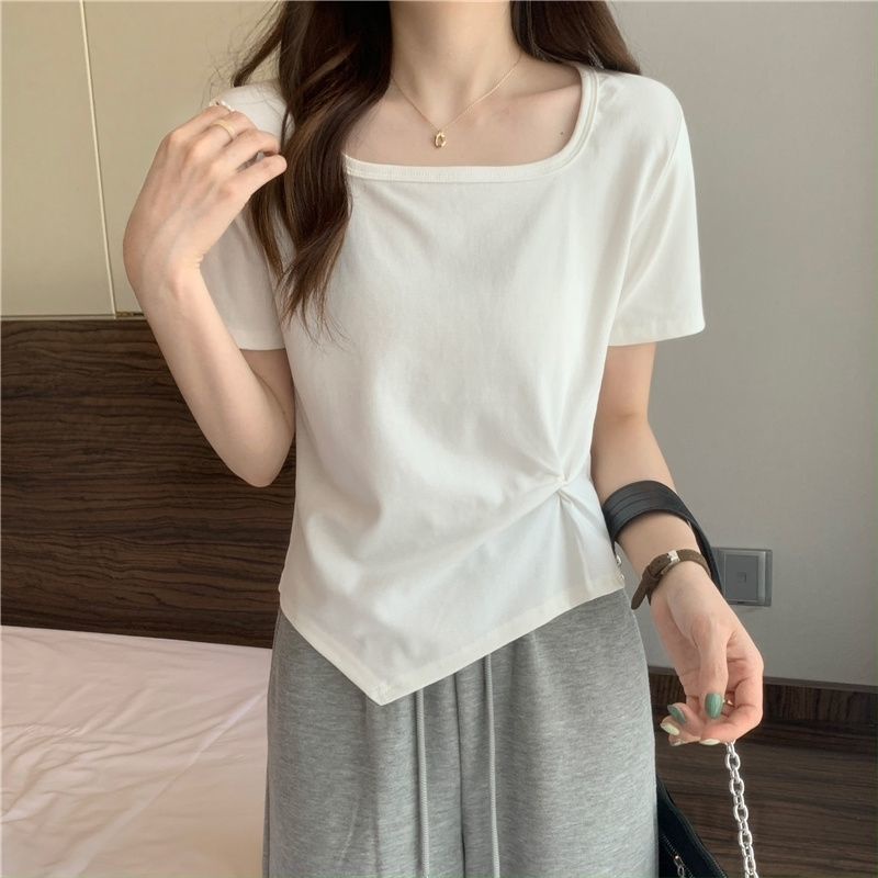 Áo Thun Ngắn Tay Cổ Vuông Thiết Kế Đơn Giản Phong Cách Hàn Quốc Thời Trang Mùa Hè Cho Nữ