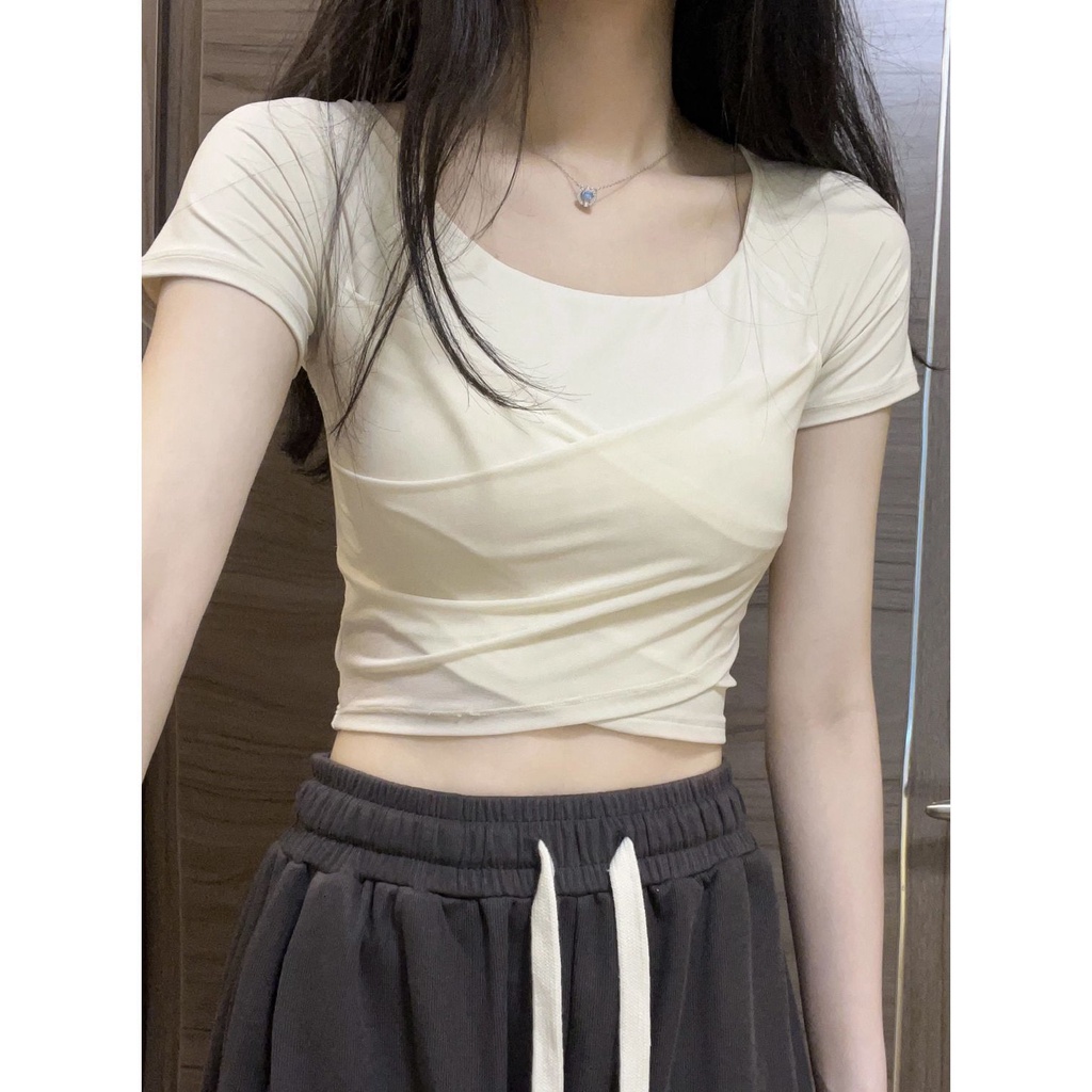 Áo Thun Ngắn Tay Xếp Ly Ôm Dáng Thời Trang Dành Cho Nữ