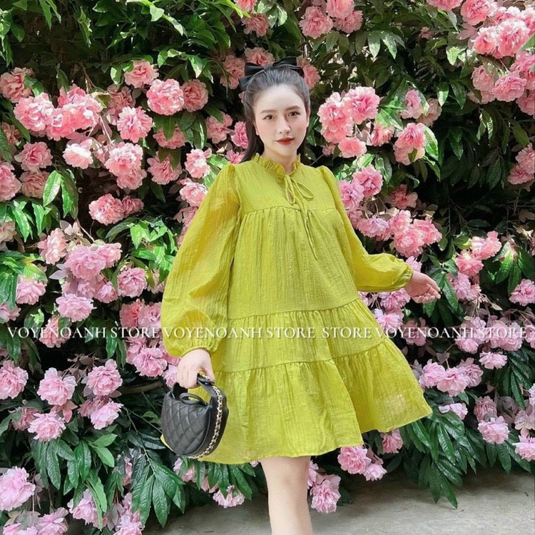 Đầm Lụa Cổ Bèo Tay Dài Bo Chun Dáng Mini Xòe , 2 Màu Xanh Lá Hồng , Chất Mềm Mịn Mặc Thỏa Mái