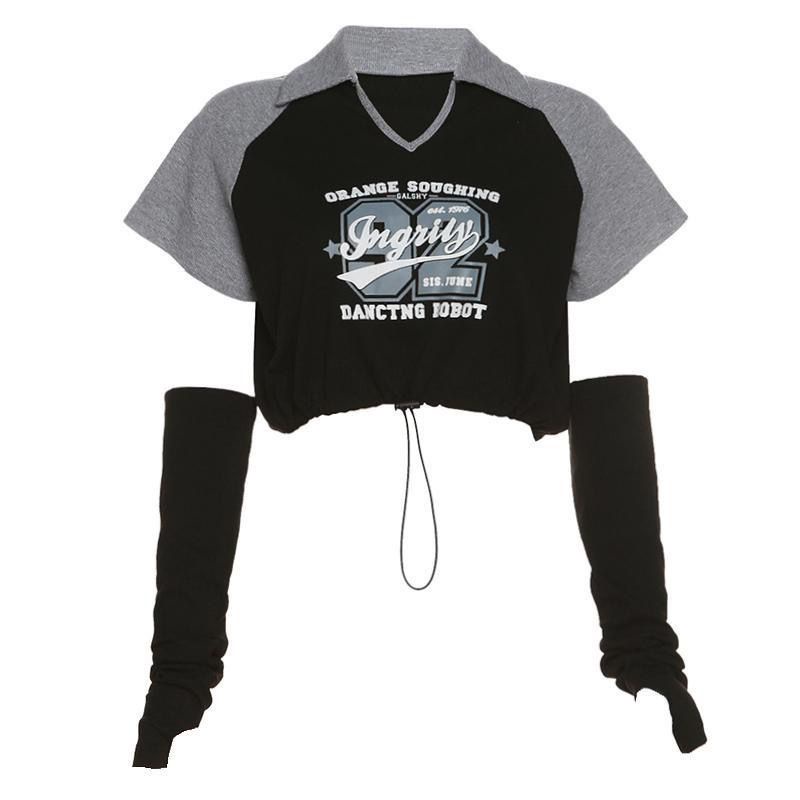 Jiashucheng Áo Thun Tay Ngắn Hở Vai Phối Dây Rút Phong Cách Mỹ Cổ Điển Thời Trang Mới