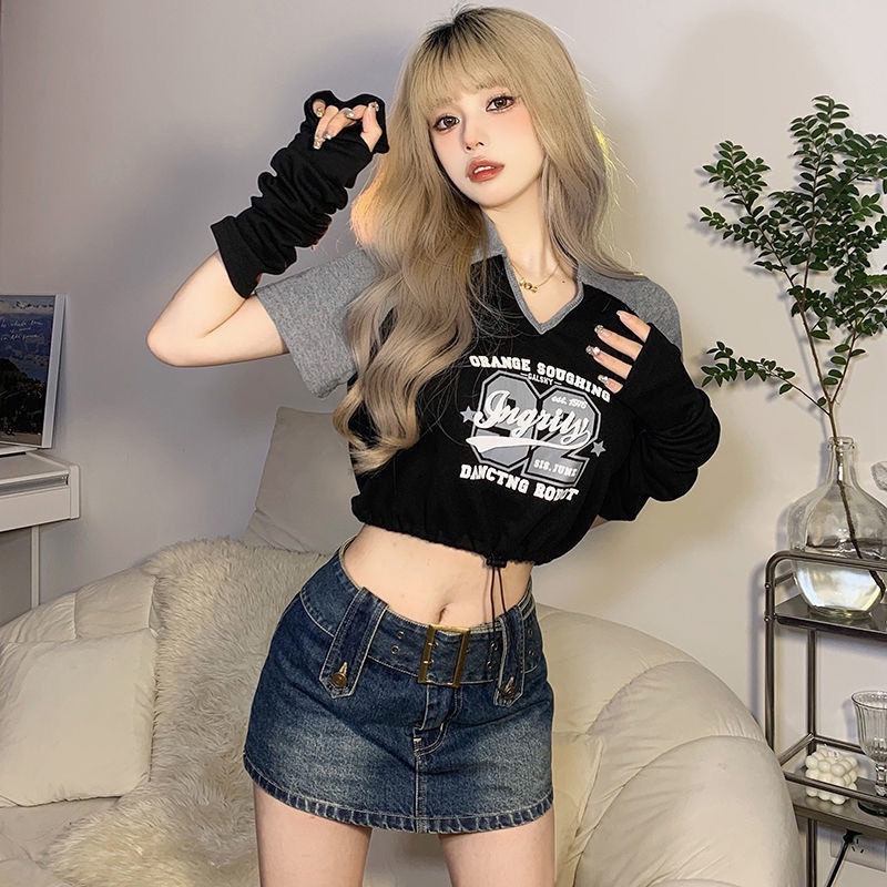 Jiashucheng Áo Thun Tay Ngắn Hở Vai Phối Dây Rút Phong Cách Mỹ Cổ Điển Thời Trang Mới