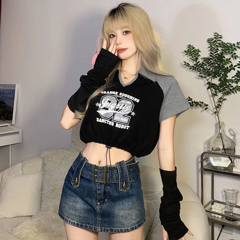 Jiashucheng Áo Thun Tay Ngắn Hở Vai Phối Dây Rút Phong Cách Mỹ Cổ Điển Thời Trang Mới