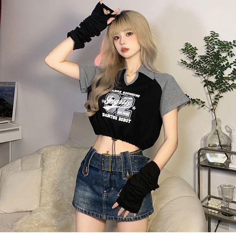 Jiashucheng Áo Thun Tay Ngắn Hở Vai Phối Dây Rút Phong Cách Mỹ Cổ Điển Thời Trang Mới