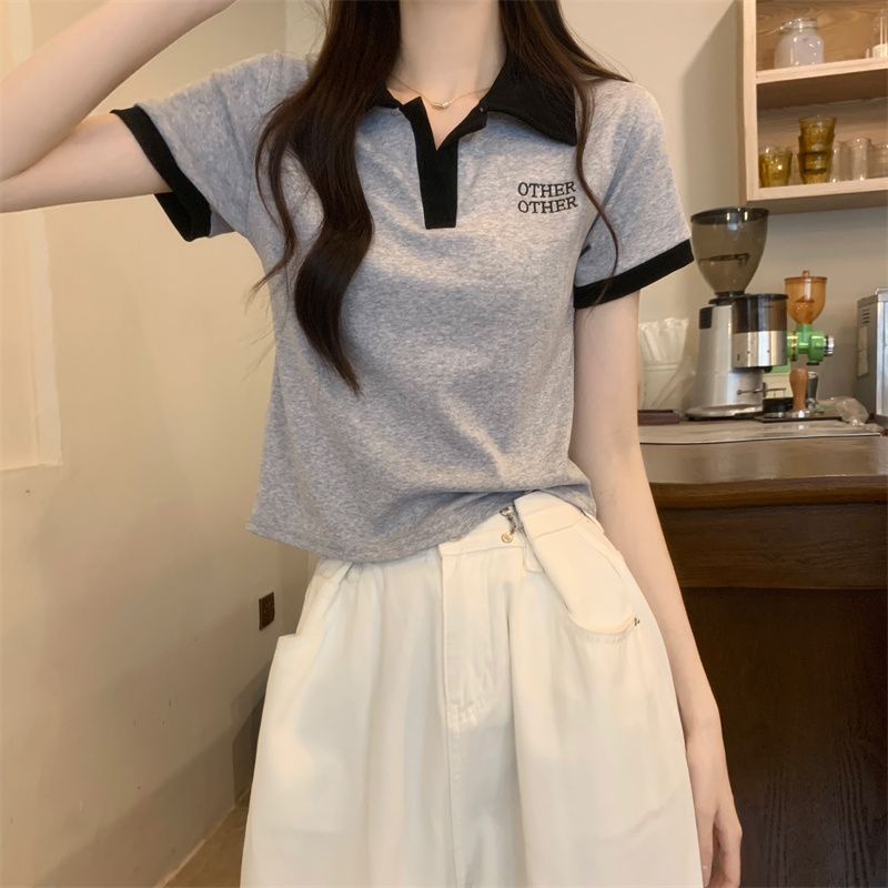 Áo Thun polo Tay Ngắn Màu Hồng Phong Cách Retro Dành Cho Nữ