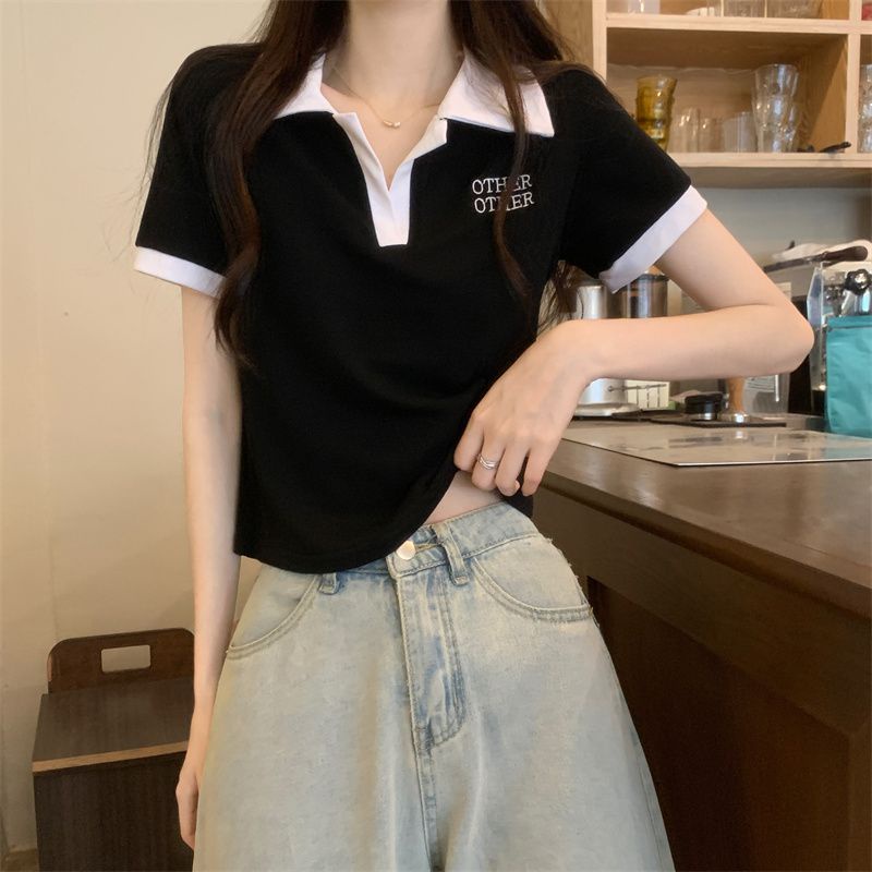 Áo Thun polo Tay Ngắn Màu Hồng Phong Cách Retro Dành Cho Nữ