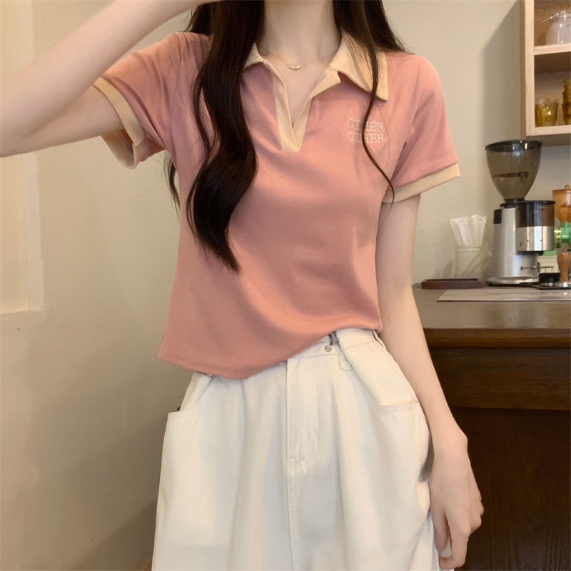 Áo Thun polo Tay Ngắn Màu Hồng Phong Cách Retro Dành Cho Nữ