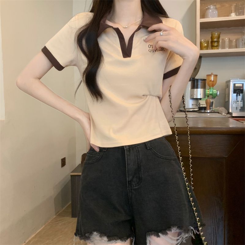 Áo Thun polo Tay Ngắn Màu Hồng Phong Cách Retro Dành Cho Nữ