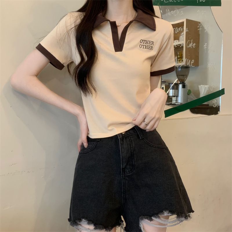 Áo Thun polo Tay Ngắn Màu Hồng Phong Cách Retro Dành Cho Nữ