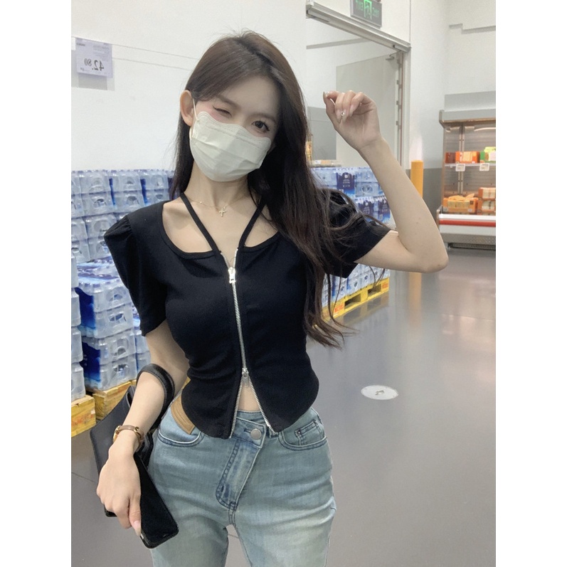 Áo Thun Tay Phồng Ngắn Dáng Ôm Phối Khóa Kéo Thời Trang Mùa Hè Quyến Rũ Cho Nữ