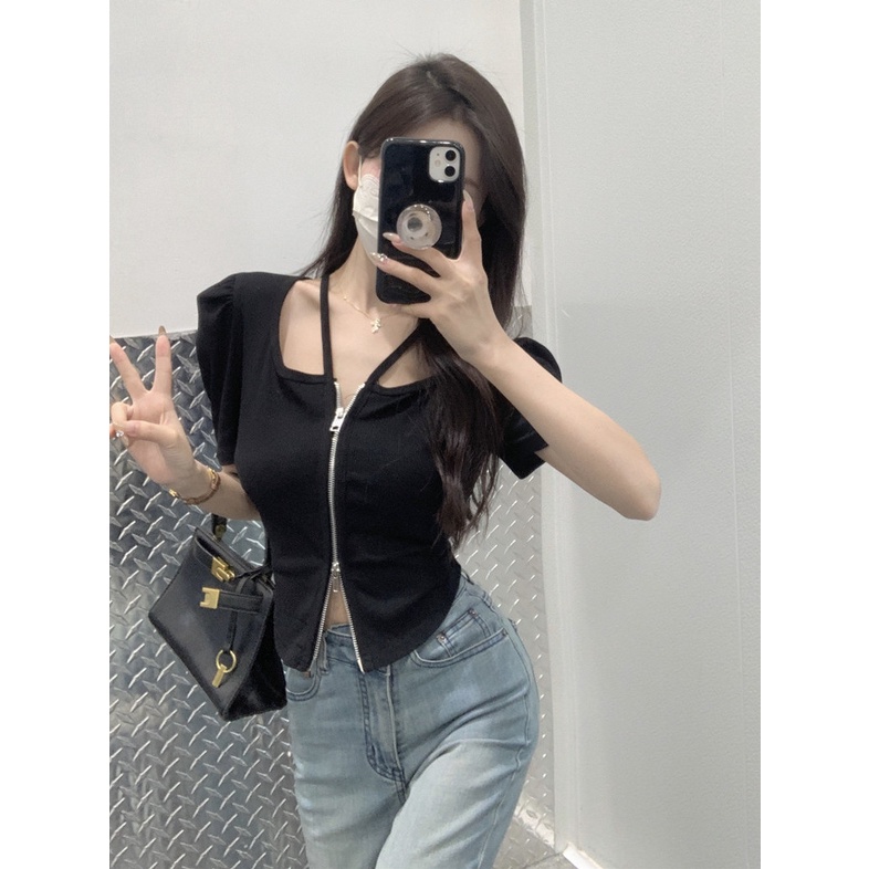 Áo Thun Tay Phồng Ngắn Dáng Ôm Phối Khóa Kéo Thời Trang Mùa Hè Quyến Rũ Cho Nữ