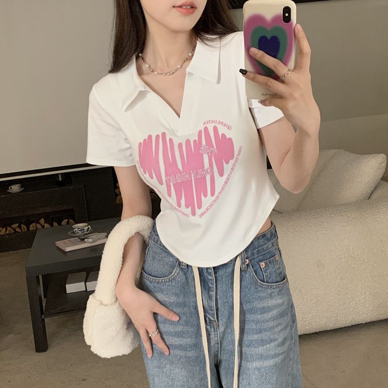 Áo Thun polo Tay Ngắn Dáng Ôm Vải Lụa Lạnh In Họa Tiết Trái Tim Thời Trang Mùa Hè Cho Nữ