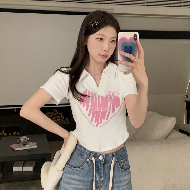 Áo Thun polo Tay Ngắn Dáng Ôm Vải Lụa Lạnh In Họa Tiết Trái Tim Thời Trang Mùa Hè Cho Nữ
