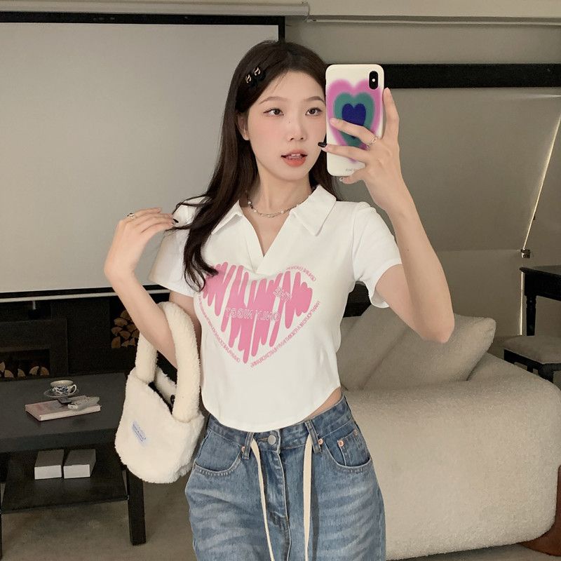 Áo Thun polo Tay Ngắn Dáng Ôm Vải Lụa Lạnh In Họa Tiết Trái Tim Thời Trang Mùa Hè Cho Nữ