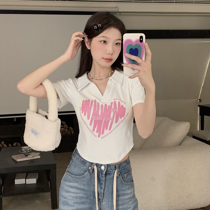 Áo Thun polo Tay Ngắn Dáng Ôm Vải Lụa Lạnh In Họa Tiết Trái Tim Thời Trang Mùa Hè Cho Nữ