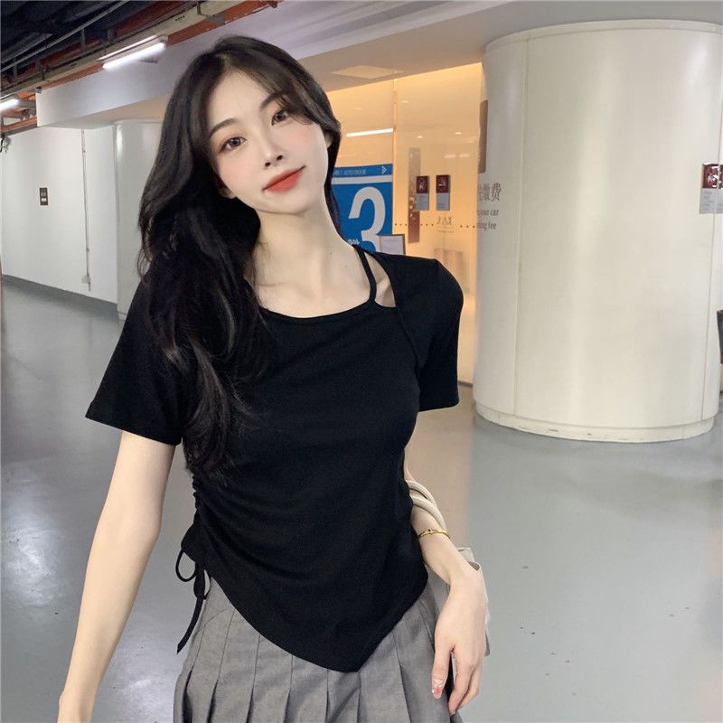 Áo Thun Ngắn Tay Giả Hai Lớp Thiết Kế Dây Rút Bất Đối Xứng Thời Trang Mùa Hè Cho Nữ