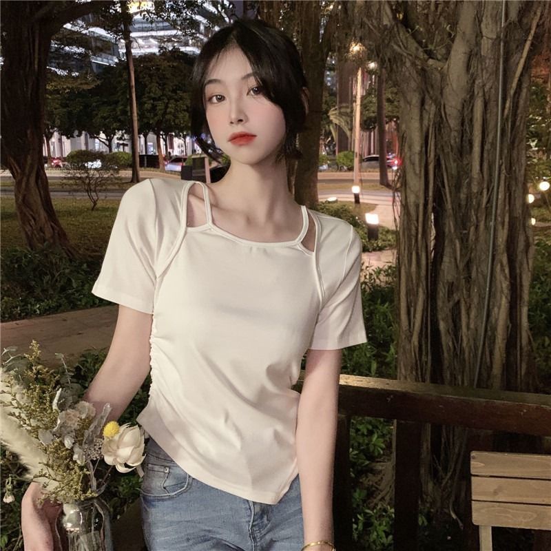 Áo Thun Ngắn Tay Giả Hai Lớp Thiết Kế Dây Rút Bất Đối Xứng Thời Trang Mùa Hè Cho Nữ