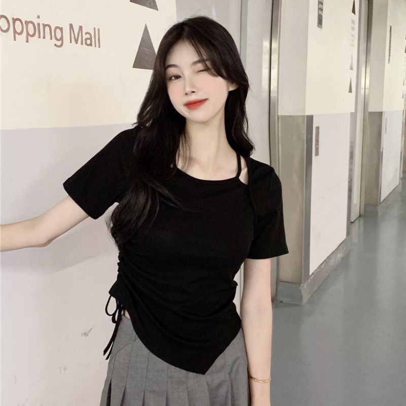 Áo Thun Ngắn Tay Giả Hai Lớp Thiết Kế Dây Rút Bất Đối Xứng Thời Trang Mùa Hè Cho Nữ