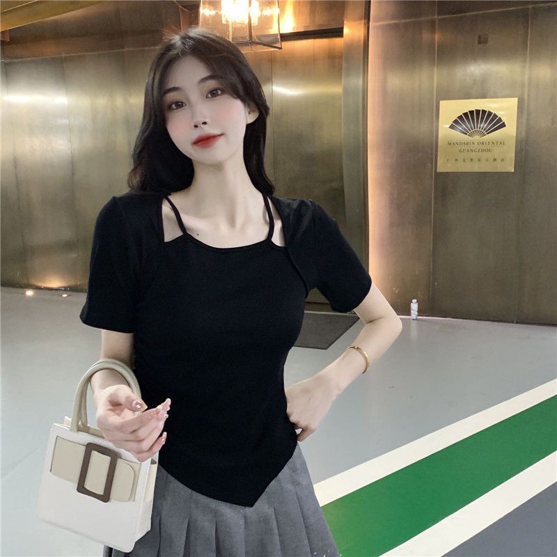 Áo Thun Ngắn Tay Giả Hai Lớp Thiết Kế Dây Rút Bất Đối Xứng Thời Trang Mùa Hè Cho Nữ