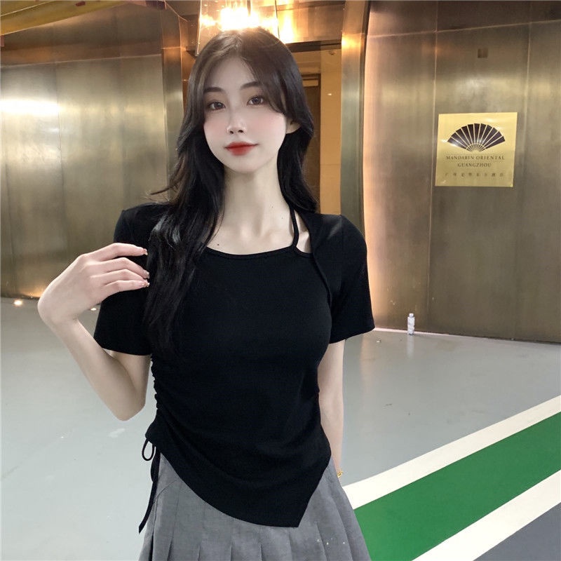 Áo Thun Ngắn Tay Giả Hai Lớp Thiết Kế Dây Rút Bất Đối Xứng Thời Trang Mùa Hè Cho Nữ