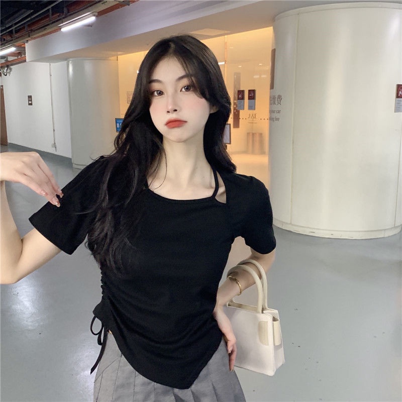 Áo Thun Ngắn Tay Giả Hai Lớp Thiết Kế Dây Rút Bất Đối Xứng Thời Trang Mùa Hè Cho Nữ