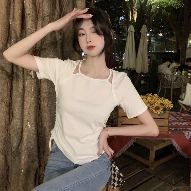 Áo Thun Ngắn Tay Giả Hai Lớp Thiết Kế Dây Rút Bất Đối Xứng Thời Trang Mùa Hè Cho Nữ