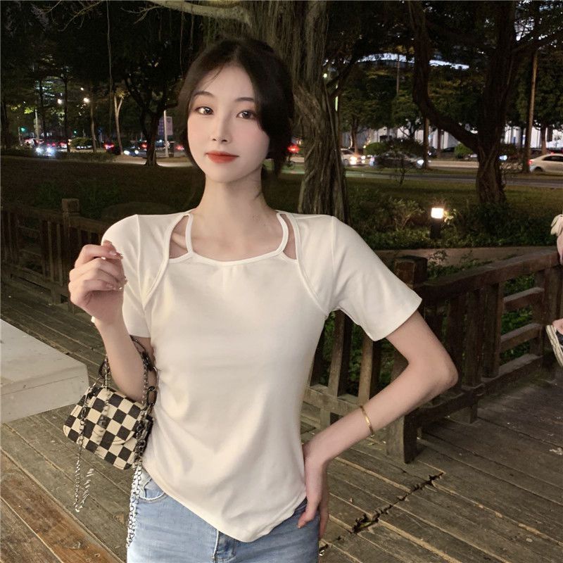 Áo Thun Ngắn Tay Giả Hai Lớp Thiết Kế Dây Rút Bất Đối Xứng Thời Trang Mùa Hè Cho Nữ