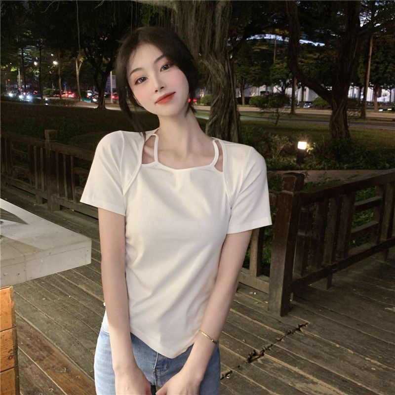 Áo Thun Ngắn Tay Giả Hai Lớp Thiết Kế Dây Rút Bất Đối Xứng Thời Trang Mùa Hè Cho Nữ