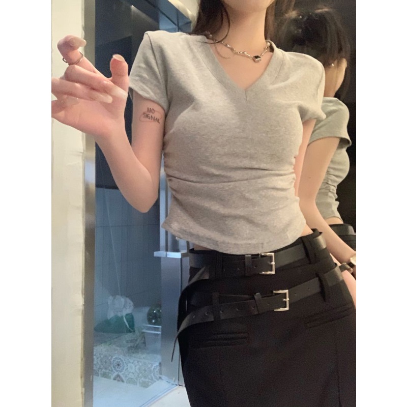 Áo Thun Nữ Ngắn Tay Cổ Chữ v Lệch Vai Thời Trang