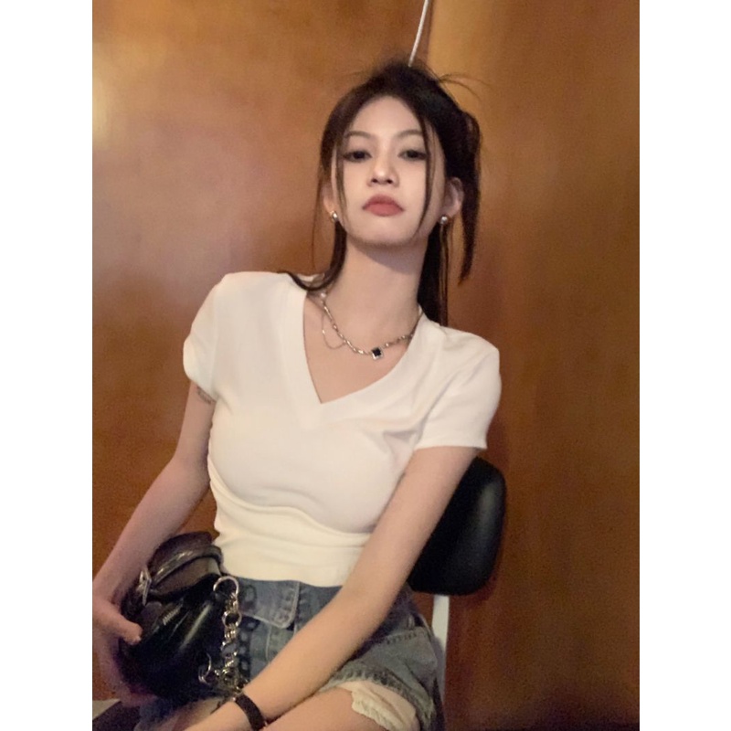 Áo Thun Nữ Ngắn Tay Cổ Chữ v Lệch Vai Thời Trang