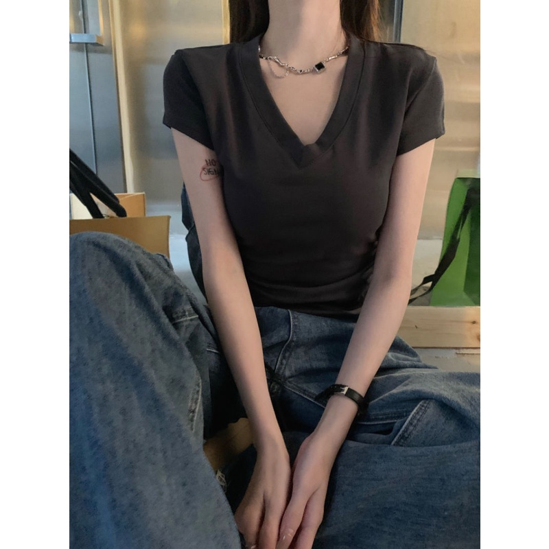 Áo Thun Nữ Ngắn Tay Cổ Chữ v Lệch Vai Thời Trang