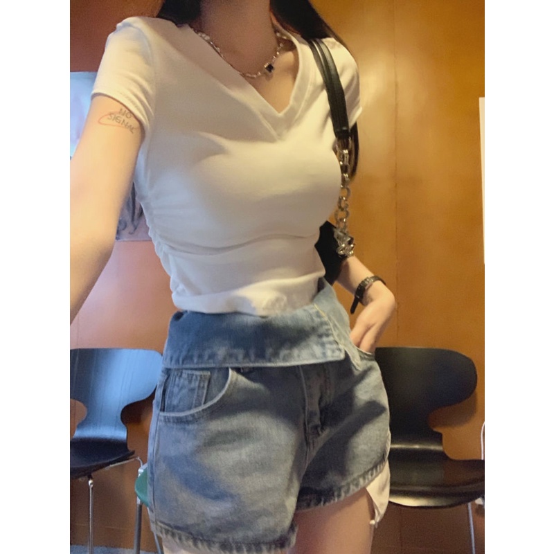 Áo Thun Nữ Ngắn Tay Cổ Chữ v Lệch Vai Thời Trang