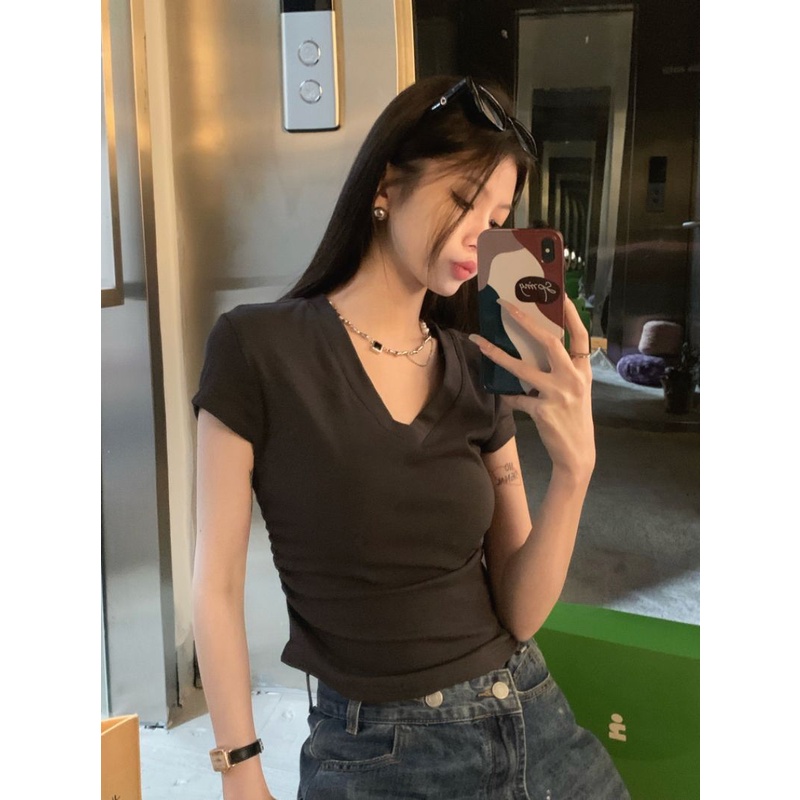 Áo Thun Nữ Ngắn Tay Cổ Chữ v Lệch Vai Thời Trang