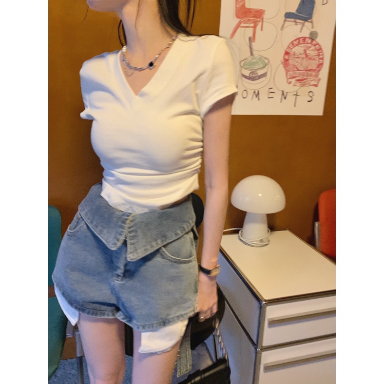 Áo Thun Nữ Ngắn Tay Cổ Chữ v Lệch Vai Thời Trang