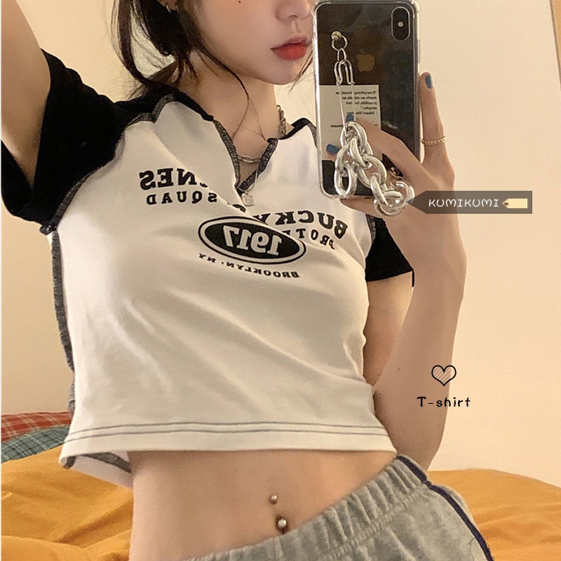 Áo Thun Ngắn Cổ Chữ V Dáng Ôm In Họa Tiết Màu Sắc Tương Phản Thời Trang Mùa Hè Thoải Mái Cho Nữ