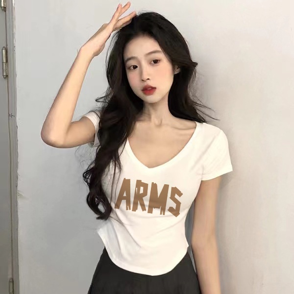 Áo Thun Ngắn Tay Cổ Chữ V Màu Trắng Thời Trang Mùa Hè Cho Nữ