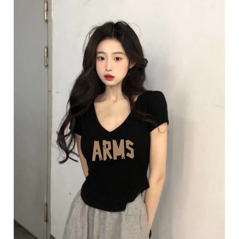 Áo Thun Ngắn Tay Cổ Chữ V Màu Trắng Thời Trang Mùa Hè Cho Nữ