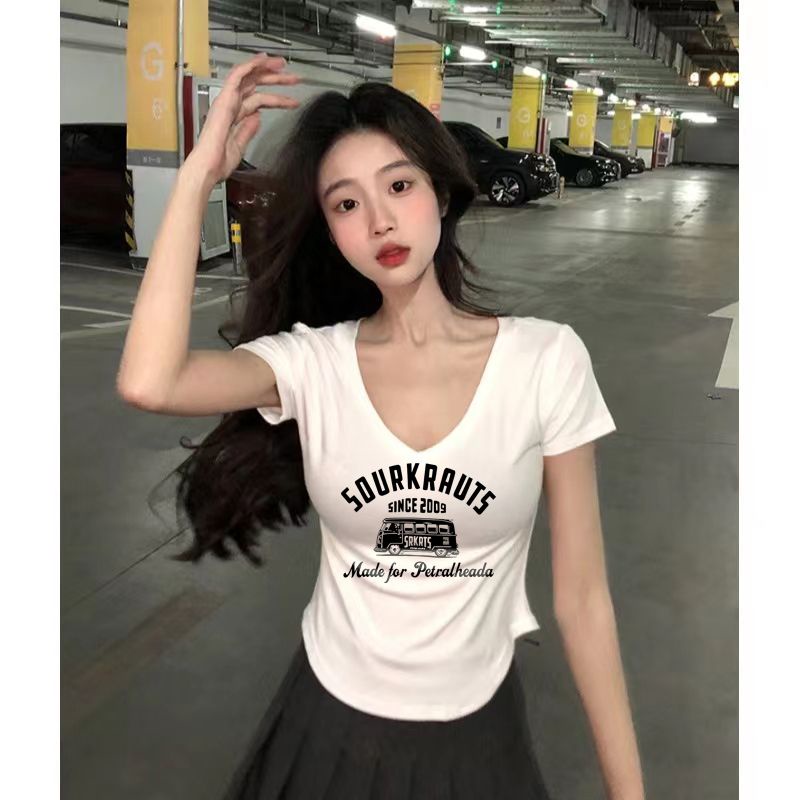 Áo Thun Ngắn Tay Cổ Chữ V Màu Trắng Thời Trang Mùa Hè Cho Nữ