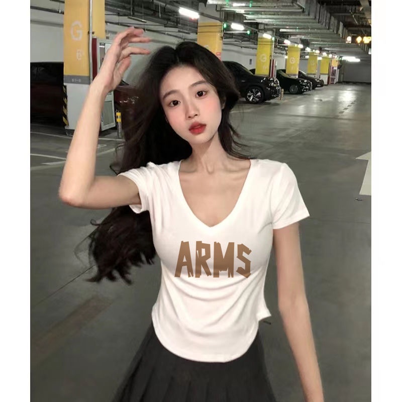 Áo Thun Ngắn Tay Cổ Chữ V Màu Trắng Thời Trang Mùa Hè Cho Nữ