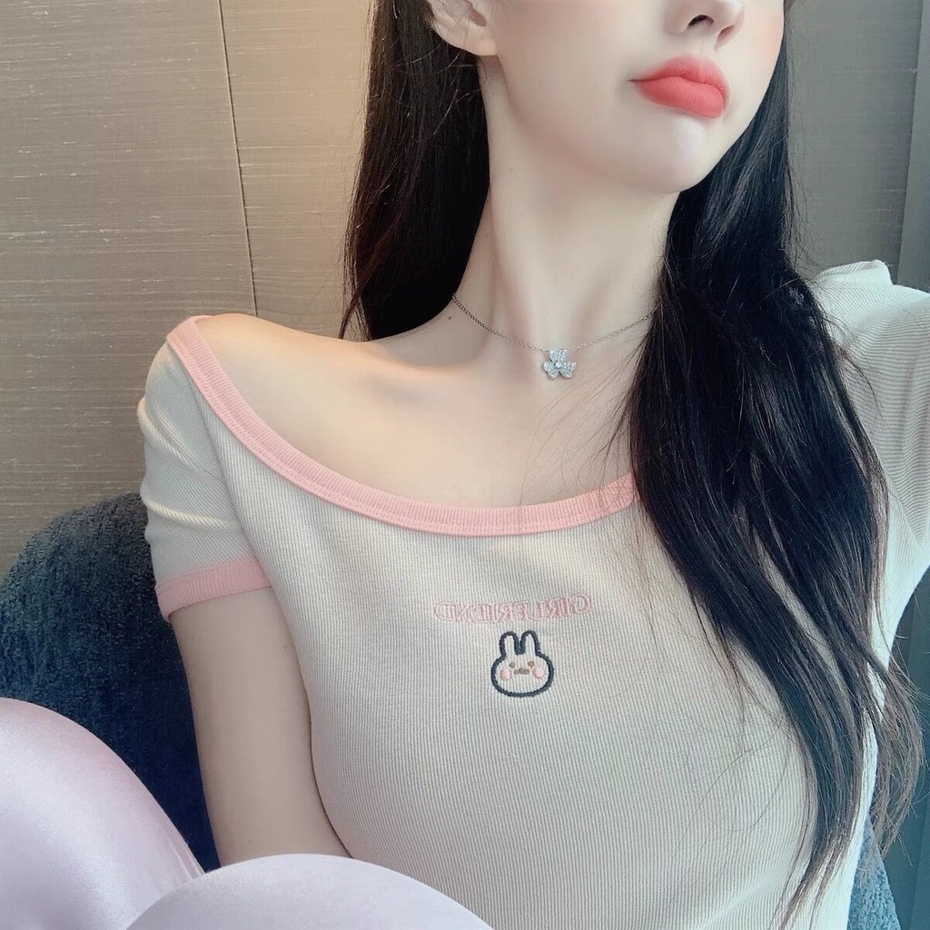 Áo Thun Lửng Ngắn Tay Thêu Hoa Thời Trang Nữ Tính