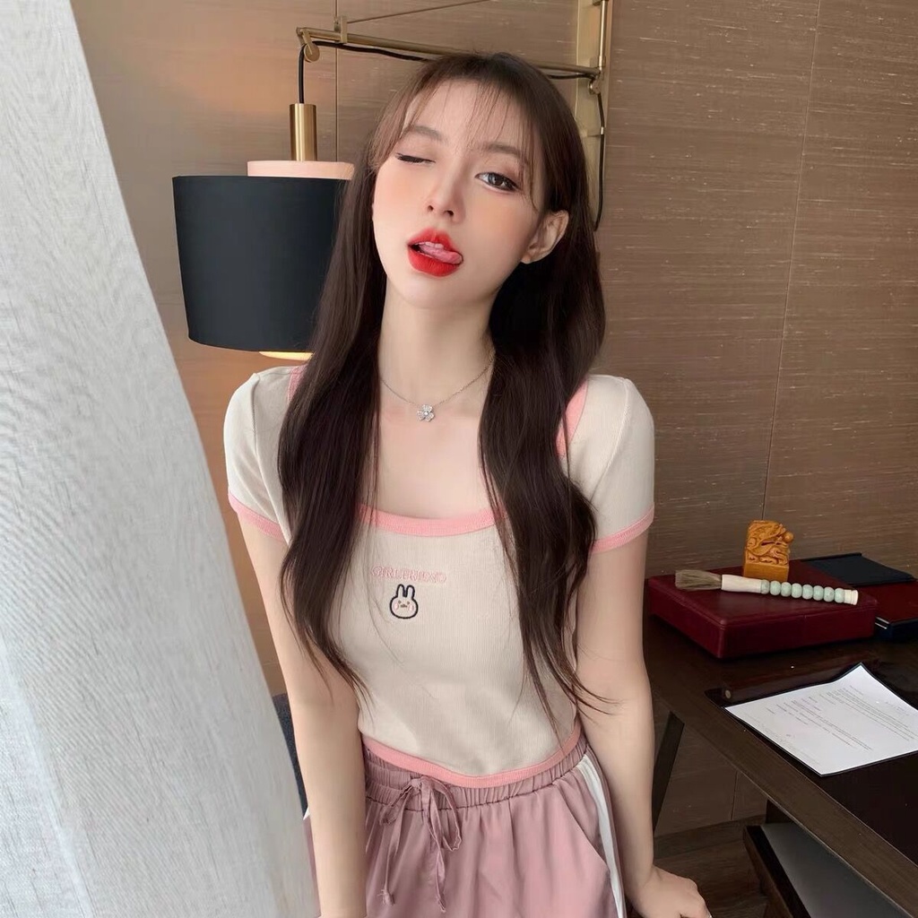 Áo Thun Lửng Ngắn Tay Thêu Hoa Thời Trang Nữ Tính