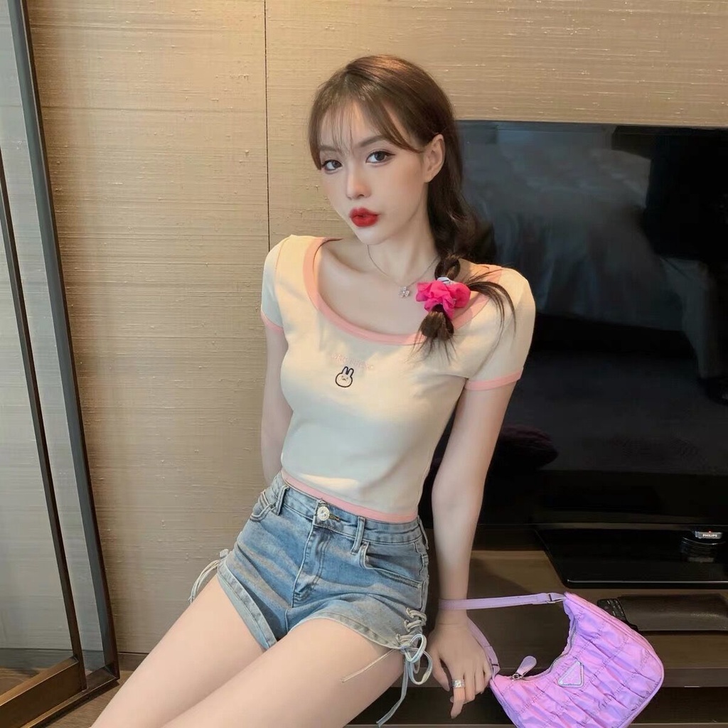 Áo Thun Lửng Ngắn Tay Thêu Hoa Thời Trang Nữ Tính