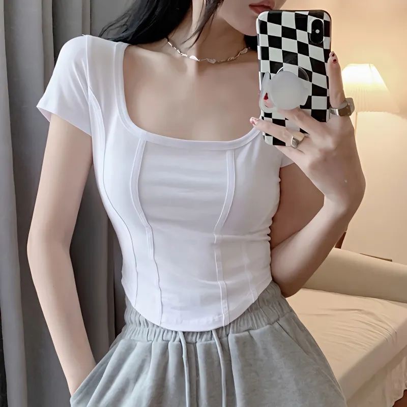 Áo Thun Ngắn Tay Cổ Vuông Lưng Cao Thoải Mái Thời Trang Mùa Hè Cho Nữ