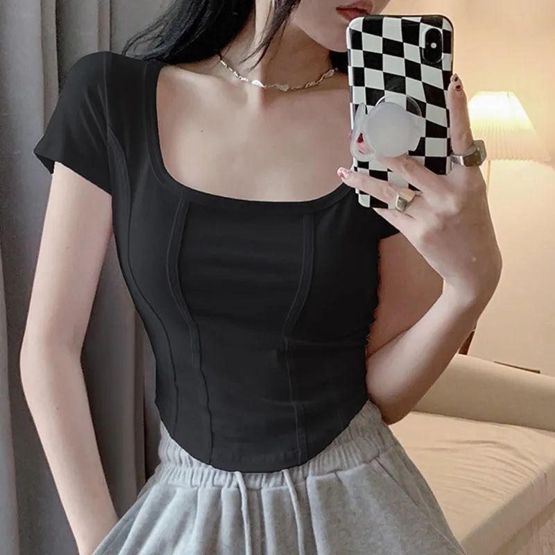 Áo Thun Ngắn Tay Cổ Vuông Lưng Cao Thoải Mái Thời Trang Mùa Hè Cho Nữ