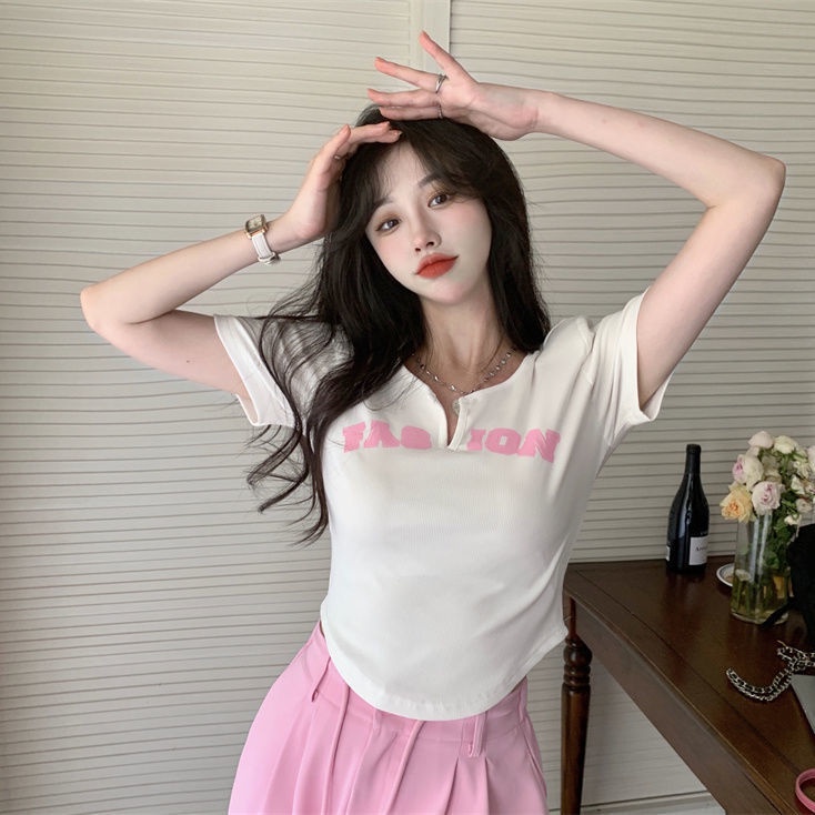 Áo Thun Ngắn Tay Cổ Chữ V In Họa Tiết Thời Trang Cho Nữ