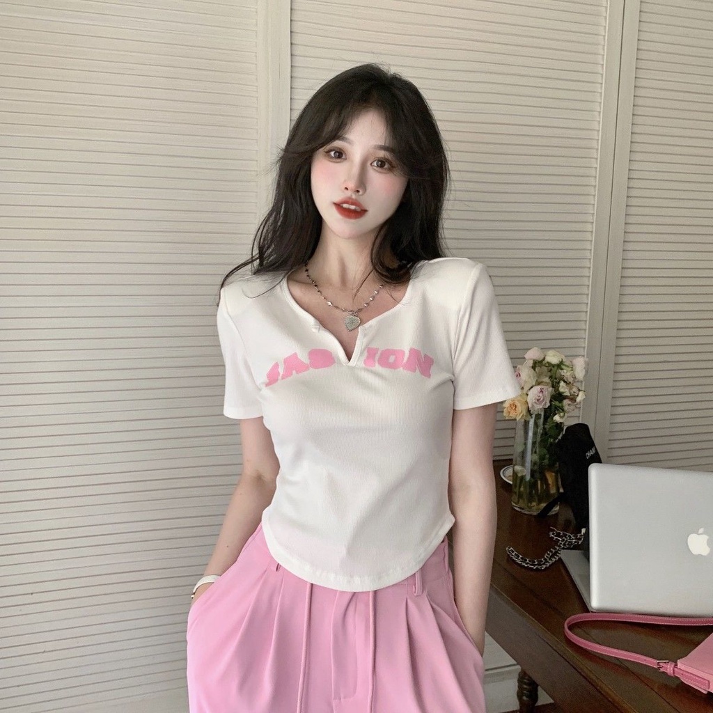 Áo Thun Ngắn Tay Cổ Chữ V In Họa Tiết Thời Trang Cho Nữ