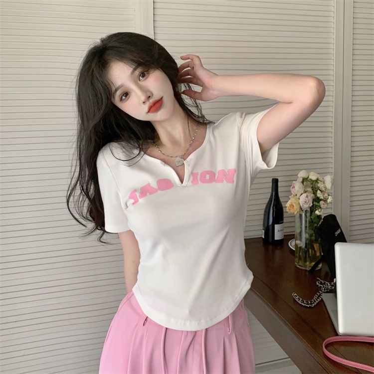 Áo Thun Ngắn Tay Cổ Chữ V In Họa Tiết Thời Trang Cho Nữ