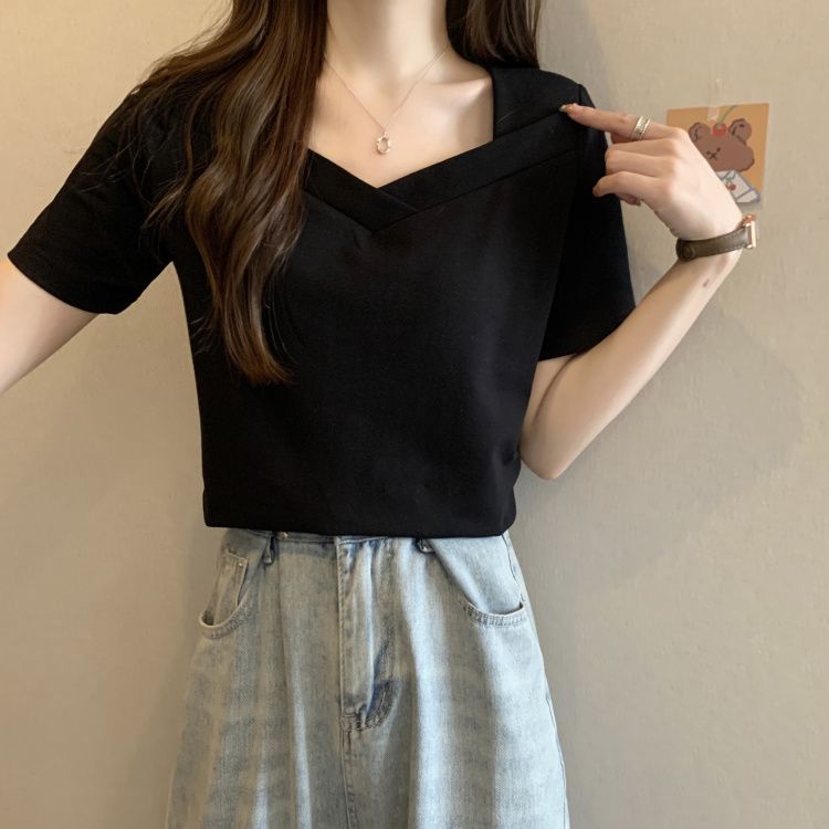 Áo Thun Tay Ngắn Cổ Vuông Thiết Kế Đơn Giản Thoải Mái Thời Trang Mùa Hè Cho Nữ