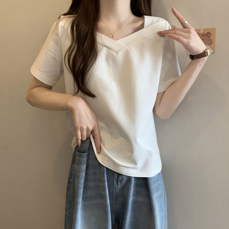 Áo Thun Tay Ngắn Cổ Vuông Thiết Kế Đơn Giản Thoải Mái Thời Trang Mùa Hè Cho Nữ